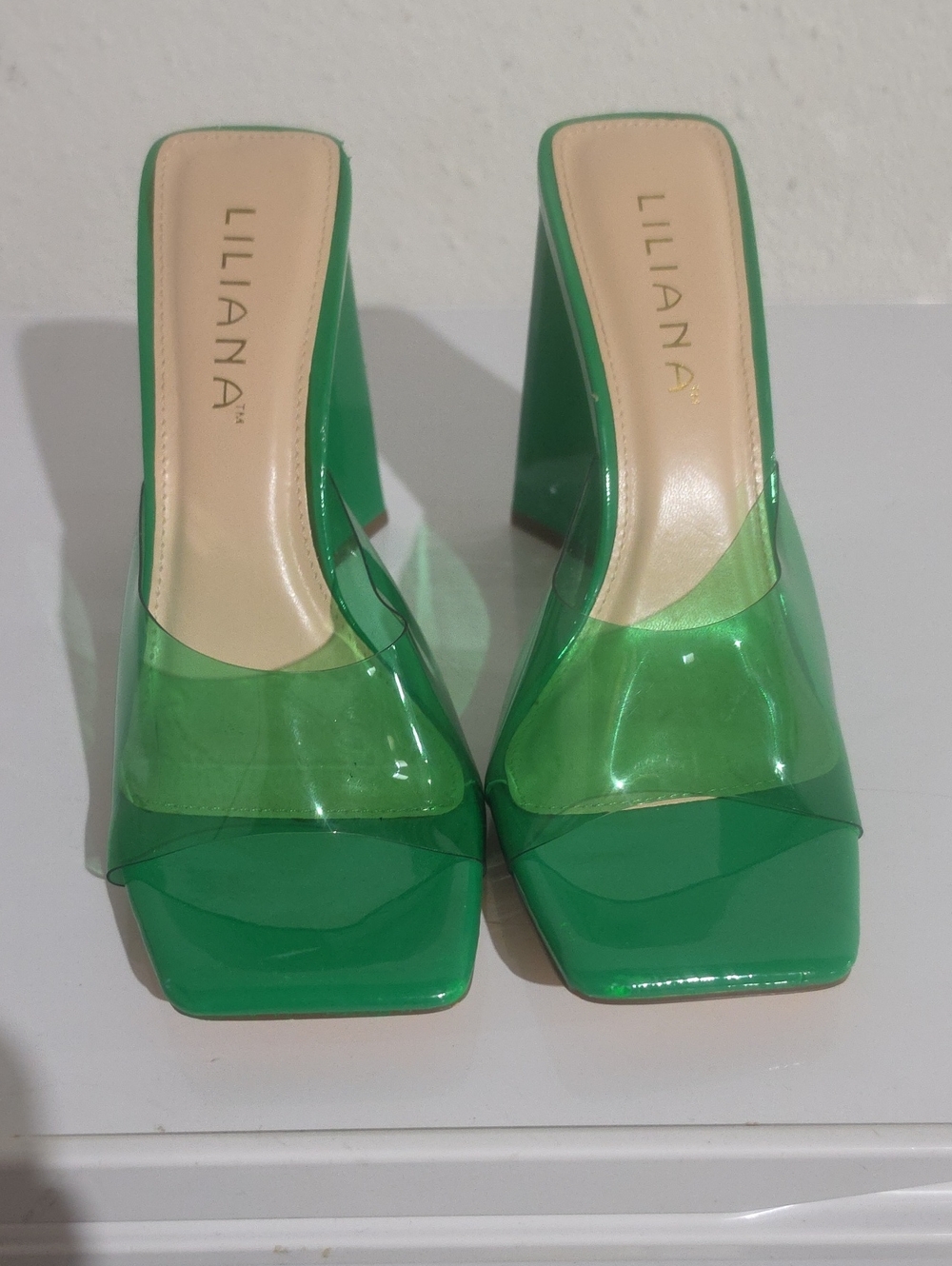 Liliana Green Clear Strap Square Toe Block Heel Mule